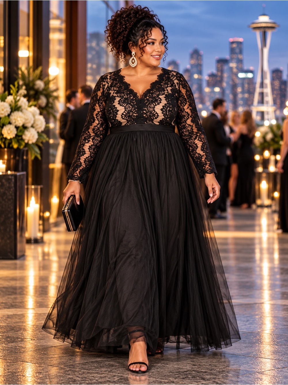 City Chic NWT Elegant Black Lace Tulle Maxi Gown Size 18 Formal